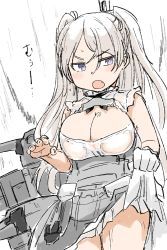 Rule 34 | 1girl, absurdres, breasts, cleavage, cleavage cutout, clothes lift, clothing cutout, commentary request, conte di cavour (kancolle), conte di cavour nuovo (kancolle), corset, cowboy shot, dress, dress lift, fang, frilled dress, frills, gloves, grey eyes, highres, kantai collection, large breasts, long hair, looking at viewer, machinery, open mouth, poyo (hellmayuge), silver hair, solo, two side up, white dress, white gloves