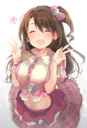 Rule 34 | 10s, 1girl, :d, ^ ^, blush, bow, brown hair, crop top, crop top overhang, double v, closed eyes, hair bow, happy, highres, idol, idolmaster, idolmaster cinderella girls, long hair, midriff, miseo (mrkglove), navel, one side up, open mouth, pink skirt, plaid, plaid skirt, puffy short sleeves, puffy sleeves, shimamura uzuki, short sleeves, side ponytail, skirt, smile, solo, v