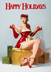 Rule 34 | 1950s (style), 1girl, absurdres, bare legs, box, breasts, brown hair, carolynne d&#039;azur, christmas, cleavage, collarbone, commentary, dress, drill hair, earrings, elbow gloves, english commentary, eyeshadow, full body, gift, gift art, gift box, gloves, green eyeshadow, hair ornament, hair over shoulder, hair ribbon, hairclip, happy holidays, hat, high heels, highres, jewelry, latex, latex dress, latex gloves, lipstick, long legs, looking away, makeup, medium hair, multicolored footwear, original, pinup (style), puckered lips, purple eyes, red dress, red footwear, red gloves, red lips, ribbon, santa hat, short dress, sitting, small breasts, solo, theartgun, white footwear