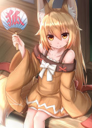 Rule 34 | 1girl, ahoge, animal ear fluff, animal ears, bare shoulders, blonde hair, bow, brown eyes, dress, fang, fox ears, fox tail, hand fan, highres, holding, holding fan, horokusa (korai), korai (horokusa), long hair, long sleeves, looking at viewer, original, paper fan, sitting, smile, solo, tail, uchiwa, wide sleeves, wooden floor