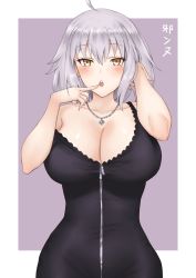Rule 34 | 1girl, ahoge, bare shoulders, blush, breasts, cleavage, collarbone, crimecrime, fate/grand order, fate (series), hair between eyes, hand in own hair, highres, jeanne d&#039;arc (fate), jeanne d&#039;arc alter (fate), jeanne d&#039;arc alter (ver. shinjuku 1999) (fate), jewelry, large breasts, looking at viewer, necklace, official alternate costume, purple background, short hair, silver hair, solo, yellow eyes