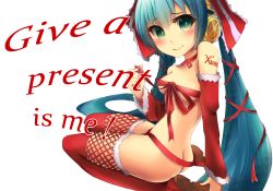 Rule 34 | 1girl, aqua hair, ass, blush, christmas, detached sleeves, english text, engrish text, green eyes, hatsune miku, headphones, long hair, naked ribbon, ranguage, ribbon, seiza, sitting, smile, solo, thighhighs, torn flipper, transparent background, twintails, very long hair, vocaloid, white background