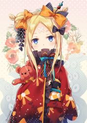 Rule 34 | 1girl, abigail williams (fate), black bow, blonde hair, blue eyes, blush, bow, commentary request, covered mouth, crossed bandaids, double bun, fate/grand order, fate (series), gloves, hair bow, hair bun, head tilt, japanese clothes, kimono, long hair, long sleeves, nyanya, obi, hugging object, orange bow, parted bangs, polka dot, polka dot bow, red gloves, red kimono, sash, side bun, sidelocks, sleeves past wrists, solo, stuffed animal, stuffed toy, teddy bear, upper body