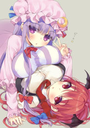 Rule 34 | 2girls, :o, bad id, bad pixiv id, blush, bow, bowtie, breast press, breasts, capelet, crescent, crescent hair ornament, double bun, eyes visible through hair, girl on top, grey background, hair bow, hair bun, hair ornament, hair wings, hat, head wings, headband, koakuma, large breasts, long hair, long sleeves, looking at viewer, lying, mirei, mob cap, multiple girls, necktie, on back, patchouli knowledge, purple eyes, purple hair, red bow, red bowtie, red eyes, red hair, red necktie, simple background, striped, sweatdrop, symmetrical docking, touhou, v, vertical stripes, wings