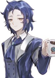 Rule 34 | 1boy, armband, ascot, blue ascot, blue coat, blue hair, blue vest, bonno sasu, chesed (project moon), closed mouth, coat, cup, highres, holding, holding cup, lobotomy corporation, long sleeves, looking at viewer, medium hair, project moon, simple background, smile, solo, vest, white background, yellow eyes