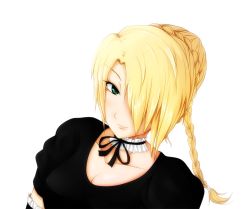Rule 34 | 1girl, beelzebub (manga), blonde hair, female focus, green eyes, hair over one eye, hilda (beelzebub), smile, solo, white background