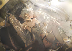 Rule 34 | 1girl, antennae, breasts, closed eyes, crossed legs, dress, grey dress, grey hair, grey thighhighs, highres, insect wings, mechanical arms, miv4t, original, short hair, small breasts, solo, strap slip, thighhighs, wings