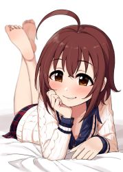 Rule 34 | 1girl, ahoge, bad id, bad twitter id, barefoot, blush, breasts, brown eyes, brown hair, casual, cleavage, feet, idolmaster, idolmaster cinderella girls, legs up, looking at viewer, lying, naughty face, omaru gyuunyuu, on stomach, short hair, small breasts, soles, solo, the pose, toes, unbuttoned, unbuttoned shirt, wakiyama tamami, white background
