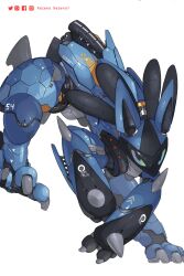 Rule 34 | animal focus, artist name, blue eyes, commentary, creatures (company), english commentary, facebook logo, facebook username, full body, game freak, gen 4 pokemon, highres, hunched over, instagram logo, instagram username, lucario, mecha, mecha focus, mechanization, multicolored eyes, nintendo, no humans, pixiv logo, pixiv username, pokemon, pokemon (creature), rainbow eyes, robot, simple background, slit pupils, solo, standing, twitter logo, twitter username, white background, xezeno