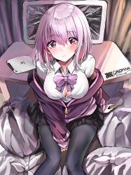 Rule 34 | 10s, 1girl, absurdres, black pantyhose, black skirt, blush, bow, bowtie, boxcutter, breasts, broken screen, cleavage, cleavage cutout, closed mouth, clothing cutout, copyright name, from above, gridman universe, highres, large breasts, looking at viewer, pantyhose, pink hair, purple bow, purple bowtie, red eyes, sak (lemondisk), screen, shinjou akane, shirt, short hair, sitting, skirt, solo, ssss.gridman, table, white shirt