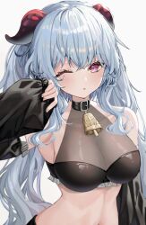 Rule 34 | 1girl, ;o, absurdres, alternate hairstyle, arm up, armpits, bare shoulders, bell, belt collar, black bra, black choker, black sleeves, blue hair, bra, breasts, choker, cleavage, collar, collarbone, cowbell, detached sleeves, frills, ganyu (genshin impact), genshin impact, goat horns, highres, horns, lace trim, large breasts, long hair, looking at viewer, midriff, navel, neck bell, one eye closed, parted lips, puffy sleeves, purple eyes, red horns, revision, stomach, twintails, ueng, underwear, upper body