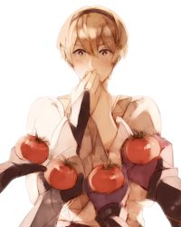Rule 34 | 1boy, ai-wa, blonde hair, blush, covered mouth, covering own mouth, elbow gloves, european clothes, fire emblem, fire emblem fates, food, gloves, hair between eyes, leo (fire emblem), male focus, nintendo, own hands together, short hair, simple background, solo focus, surprised, tomato, vegetable, white background