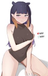 Rule 34 | 1girl, alternate breast size, arm under breasts, bare arms, bare legs, bare shoulders, black leotard, blunt bangs, blush, closed mouth, covered collarbone, covered navel, gradient hair, grey eyes, highres, hololive, hololive english, ku roiko, legs apart, leotard, like and retweet, long hair, meme, multicolored hair, ninomae ina&#039;nis, orange hair, pointy ears, purple hair, shiny skin, sitting, solo, tentacle hair, twitter strip game (meme), two-tone hair, virtual youtuber