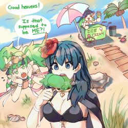 Rule 34 | 3girls, artist name, bikini, black bikini, blue eyes, blue hair, blue sky, braid, breasts, byleth (female) (fire emblem), byleth (female) (summer) (fire emblem), byleth (fire emblem), cleavage, closed eyes, cloud, commentary, crab, day, dixoterin, eating, english commentary, english text, female focus, fire emblem, fire emblem: three houses, fire emblem heroes, flower, food, green eyes, green hair, hair flower, hair ornament, holding, large breasts, long hair, matching hair/eyes, multiple girls, nintendo, official alternate costume, open mouth, outdoors, palm tree, pointy ears, popsicle, rhea (fire emblem), ribbon braid, sky, sothis (fire emblem), swimsuit, tiara, tree, twin braids