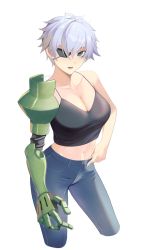 Rule 34 | 10s, 1girl, abs, akame ga kill!, bare shoulders, breasts, collarbone, denim, eyepatch, female focus, hand on own hip, highres, jeans, large breasts, looking at viewer, mechanical arms, najenda, navel, open mouth, pants, prosthesis, prosthetic arm, purple eyes, resized, short hair, shorts, silver hair, simple background, solo, sports bra, sportswear, standing, stomach, teeth, tomboy, tongue, white background