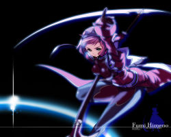 Rule 34 | 00s, 1girl, armor, belt, black background, bodysuit, breasts, character name, gloves, green eyes, hairband, himeno fumi, holding, holding weapon, large breasts, looking at viewer, my-otome, pink hair, purple bodysuit, scythe, serious, simple background, skin tight, solo, tiara, wallpaper, weapon