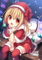 Rule 34 | 1girl, :d, alternate costume, arm support, blonde hair, blush, capelet, christmas, commentary request, crystal, flandre scarlet, fur trim, hair between eyes, hair ribbon, hat, highres, janne cherry, looking at viewer, miniskirt, open mouth, red eyes, red ribbon, red skirt, red thighhighs, ribbon, sack, santa costume, santa hat, side ponytail, sitting, skirt, smile, snowing, solo, thighhighs, touhou, wings, zettai ryouiki
