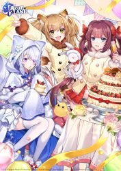 Rule 34 | 3girls, absurdres, alcohol, azur lane, blue eyes, blush, bow, brown hair, cake, coat, company name, copyright name, cup, drinking glass, eating, food, fork, green eyes, hair bow, highres, holding, holding cup, holding fork, katagiri hachigou, kiyonami (azur lane), long hair, long sleeves, looking at viewer, makinami (azur lane), multiple girls, open mouth, pleated skirt, purple eyes, red bow, red skirt, silver hair, sitting, skirt, sleeves past wrists, smile, table, thighhighs, twintails, uranami (azur lane), very long hair, white legwear, wine, wine glass