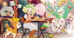 Rule 34 | 1girl, :d, bianca (pokemon), blonde hair, chair, commentary request, cottonee, creatures (company), day, deerling, dessert, dress, eyelashes, food, game freak, gen 5 pokemon, green eyes, green headwear, hand up, hat, looking down, minccino, munna, nao (naaa 195), nintendo, open mouth, orange pantyhose, orange vest, outdoors, pantyhose, pokemon, pokemon (creature), pokemon bw, reuniclus, shoes, sitting, smile, solosis, table, vest, whimsicott, white dress, yellow footwear
