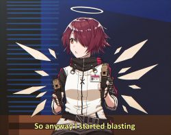 Rule 34 | 1girl, alternate language, arknights, belt, commentary, detached wings, dual wielding, energy wings, english text, exusiai (arknights), fumato, gun, hair over one eye, halo, highres, holding, id card, jacket, kriss vector, looking to the side, meme, open mouth, red hair, short hair, sitting, so anyway, i started blasting (meme), solo, submachine gun, subtitled, talking, trigger discipline, weapon, white jacket, wings