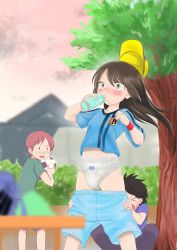 Rule 34 | absurdres, blush, breasts, clothes pull, diaper, embarrassed, gyugo no kocha, hat, highres, pants, pants pull, peeing, small breasts