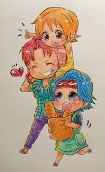 Rule 34 | bellemere, blue hair, carrying, chibi, family, graphite (medium), highres, mohawk, mother and daughter, nami (one piece), nojiko, one piece, onexone, orange hair, pink hair, ponytail, siblings, sisters, traditional media, aged down
