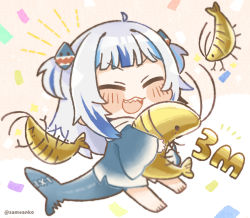 Rule 34 | 1girl, :d, blue hair, blunt bangs, blush, chibi, closed mouth, commentary, dated commentary, fins, fish tail, gawr gura, hair ornament, highres, holding, hololive, hololive english, milestone celebration, multicolored hair, open mouth, same anko, shark hair ornament, shark tail, sharp teeth, shrimp, smile, solo, streaked hair, tail, teeth, two-tone hair, two side up, v-shaped eyebrows, virtual youtuber, white hair, wide sleeves