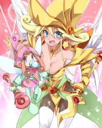 Rule 34 | 2girls, :d, bare shoulders, berry magician girl, blonde hair, blue eyes, blush stickers, breasts, brown hair, collar, collarbone, duel monster, earrings, gem, gloves, hair between eyes, hat, highres, holding, holding staff, jewelry, lemon magician girl, leotard, long hair, looking at viewer, medium breasts, mtu (orewamuzituda), multiple girls, open mouth, pantyhose, smile, staff, star (symbol), thighhighs, thighhighs over pantyhose, white legwear, wings, witch hat, yellow gloves, yellow hat, yu-gi-oh!