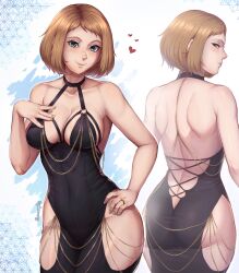 Rule 34 | 1girl, artist name, ass, back, backless dress, backless outfit, bare shoulders, black dress, blue eyes, breasts, brown hair, butt crack, chain, closed mouth, collarbone, commentary, criss-cross back-straps, dress, english commentary, evomanaphy, eyelashes, fire emblem, fire emblem heroes, freckles, gold chain, halter dress, halterneck, hand on own hip, heart, highres, hip vent, kiran (female) (fire emblem), kiran (fire emblem), large breasts, looking at viewer, looking back, loving aura, medium hair, meme attire, modakawa dress, multiple views, nintendo, smile, taut clothes, taut dress, twitter username