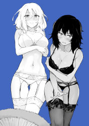 Rule 34 | 2girls, andou (girls und panzer), arm under breasts, bare shoulders, blue background, blurry, blush, bra, breast hold, breasts, cleavage, collarbone, covering privates, cropped, dark-skinned female, dark skin, depth of field, embarrassed, folding fan, frown, garter belt, girls und panzer, gluteal fold, greyscale, greyscale with colored background, hair between eyes, hand fan, highres, lace, lace-trimmed bra, lace-trimmed legwear, lace trim, large breasts, limited palette, looking at viewer, medium hair, monochrome, multiple girls, muteki soda, navel, open mouth, oshida (girls und panzer), panties, panties over garter belt, simple background, sweat, sweatdrop, thigh gap, thighhighs, underwear, underwear only