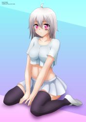 Rule 34 | 1girl, absurdres, barcode, barcode tattoo, between legs, black thighhighs, blue background, blush, breasts, collarbone, facial tattoo, grey shirt, grey skirt, highres, kneeling, long hair, looking at viewer, medium breasts, midriff, navel, open mouth, original, purple background, purple eyes, shirt, shoes, short sleeves, silver hair, skirt, solo, tattoo, thighhighs, two-tone background, uwabaki, white footwear, zel-sama