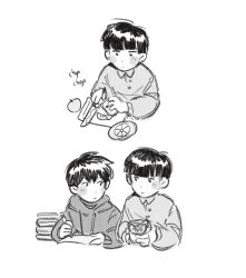 Rule 34 | 2boys, aged down, apple, blunt bangs, blush, brothers, child, chopping, closed mouth, commentary, english commentary, food, fruit, greyscale, highres, holding, holding food, holding fruit, holding pencil, hood, hood down, hoodie, kageyama ritsu, kageyama shigeo, long sleeves, looking at another, male focus, mob psycho 100, monochrome, mp100days, multiple boys, pencil, short hair, siblings, simple background, upper body, white background