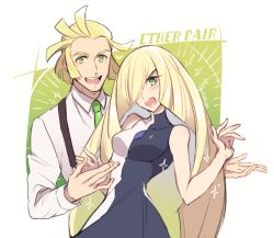 Rule 34 | 1boy, 1girl, :d, artist name, bad id, bad twitter id, bare arms, bare shoulders, blonde hair, blush, breasts, collared shirt, creatures (company), curvy, dress, forehead, game freak, green eyes, green neckwear, hair over one eye, husband and wife, kusuribe, long hair, long sleeves, looking at viewer, lusamine (pokemon), mature female, medium breasts, mohn (pokemon), necktie, nintendo, open mouth, pokemon, pokemon (anime), pokemon sm (anime), round teeth, shirt, sleeveless, sleeveless dress, smile, suspenders, teeth, two-tone dress, upper body, upper teeth only, v-shaped eyebrows, very long hair, white shirt