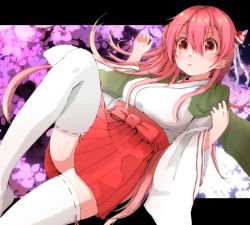 Rule 34 | 1girl, cherry blossoms, colorized, highres, japanese clothes, kai (hizikata), long hair, miko, pink hair, skirt, solo, thighhighs, white thighhighs