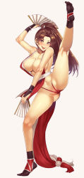 Rule 34 | 1girl, :p, areola slip, ass, bare shoulders, black socks, breasts, brown eyes, brown hair, cleavage, covered erect nipples, fatal fury, full body, hand fan, large breasts, leg up, long hair, looking at viewer, mizuryu kei, navel, ponytail, revealing clothes, shiranui mai, simple background, sleeveless, smile, socks, solo, tongue, tongue out, white background