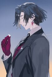 Rule 34 | 1boy, black hair, black jacket, black necktie, blue background, closed eyes, collared shirt, constantine xi (fate), curtained hair, dangle earrings, earrings, fate/grand order, fate (series), flower, from side, gloves, gradient background, hair between eyes, highres, holding, holding flower, jacket, jewelry, kitada, male focus, necktie, parted lips, profile, red gloves, red vest, shirt, short hair, solo, suit jacket, upper body, vest, white flower, white shirt, yellow background