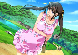 Rule 34 | 1girl, bag, black eyes, black hair, breasts, carrying over shoulder, closed mouth, cloud, day, dress, eyebrows hidden by hair, feet out of frame, floating hair, frilled dress, frills, handbag, highres, large breasts, legs, long hair, looking at viewer, original, outdoors, river, seichi junrei ntr ~paripi to otacir no kanojo~, sky, standing, taira issui, thighs, tree, twintails, water