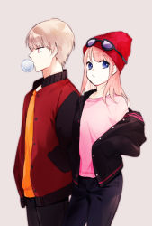 Rule 34 | 1boy, 1girl, alternate hairstyle, beanie, black jacket, black pants, blowing bubbles, blue eyes, brown hair, chewing gum, closed mouth, cowboy shot, frown, gintama, goggles, goggles on headwear, hair down, hands in opposite sleeves, hands in pockets, hat, jacket, kagura (gintama), long hair, long sleeves, looking at viewer, off shoulder, okita sougo, open clothes, open jacket, orange shirt, pants, pink hair, pink shirt, pocket, profile, red eyes, red hat, red jacket, shirt, side-by-side, simple background, soap (user kghh4755), swept bangs, t-shirt, unbuttoned