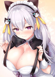 Rule 34 | 1girl, blush, breasts, cleavage, collarbone, commentary request, hair between eyes, highres, hourei tenten, large breasts, looking at viewer, maid headdress, melty+, mole, mole on breast, mole under eye, portrait, purple eyes, silver hair, simple background, solo, sweat, uni8, virtual youtuber