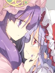 Rule 34 | 2girls, blush, close-up, comic, commentary request, earrings, flower, frilled sleeves, frills, hand on another&#039;s cheek, hand on another&#039;s face, hat, hat flower, hat ribbon, height difference, jewelry, light purple hair, long hair, long sleeves, mob cap, multiple girls, nail polish, parted lips, patchouli knowledge, pointy ears, purple eyes, purple hair, purple nails, red eyes, remilia scarlet, ribbon, satou kibi, sidelocks, sweatdrop, touhou, wavy mouth, yuri