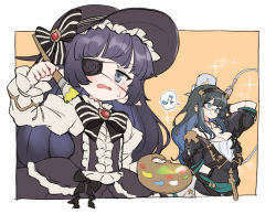 Rule 34 | 2girls, black hair, bow, breasts, cleavage, dress, eyepatch, gazacy (dai), glasses, granblue fantasy, hand in pocket, harvin, hat, highres, illnott, long hair, lunalu (granblue fantasy), multiple girls, musical note, paint gun, paintbrush, palette (object), pointy ears, smile, spoken musical note