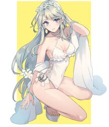 Rule 34 | 1girl, bare arms, bare legs, bare shoulders, barefoot, blush, breasts, collarbone, earrings, feet, fingernails, flower, grey hair, hair flower, hair ornament, highres, jewelry, kantai collection, kasumi (skchkko), legs, long hair, low-tied long hair, medium breasts, nail polish, official alternate costume, one-piece swimsuit, open mouth, purple eyes, sagiri (kancolle), smile, solo, swimsuit, toenail polish, toenails, very long hair, white flower, white one-piece swimsuit, yellow nails