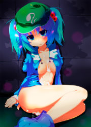Rule 34 | 1girl, aftersex, blue eyes, blue hair, bottomless, breasts, breasts apart, after rape, cum, cum in pussy, cum on body, cum on breasts, cum on upper body, cumdrip, empty eyes, hair bobbles, hair ornament, hat, highres, kawashiro nitori, matching hair/eyes, medium breasts, nipples, no panties, short hair, solo, sw (taco), tears, touhou, twintails, two side up, vaginal, defloration