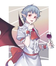 Rule 34 | 1girl, alternate hair length, alternate hairstyle, ascot, bat wings, blue hair, border, bow, collared shirt, commentary request, cup, fangs, frilled sleeves, frills, gradient background, hand on own chin, highres, holding, holding cup, kanaria (bocmn), pointy ears, puffy short sleeves, puffy sleeves, red ascot, red bow, red eyes, red ribbon, remilia scarlet, ribbon, shirt, short hair, short sleeves, skirt, touhou, very short hair, waist bow, white border, white shirt, white skirt, wings, wrist cuffs