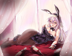 Rule 34 | 1girl, alternate costume, animal ears, azur lane, bare shoulders, blush, bottle, bow, bowtie, breasts, rabbit ears, cleavage, detached collar, fake animal ears, gangut (azur lane), hair between eyes, high heels, large breasts, long hair, looking at viewer, lying, matsukura nemu, on bed, on side, open mouth, pantyhose, playboy bunny, pumps, red eyes, shoes, silver hair, smile, solo, very long hair