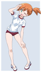 Rule 34 | 1girl, arm up, blue eyes, bright pupils, buruma, clenched hand, clothes lift, commentary, creatures (company), game freak, gym shirt, gym uniform, hair tie, highres, looking at viewer, midriff peek, misty (pokemon), nintendo, one eye closed, one side up, open mouth, orange hair, pokemon, pokemon (anime), ponzu rui, red buruma, shirt, shirt lift, shoes, short hair, short sleeves, side ponytail, smile, solo, standing, t-shirt, uwabaki, white footwear, white pupils, white shirt, wink