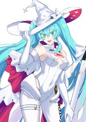 Rule 34 | 1girl, absurdres, blue eyes, bow, breasts, clothing cutout, crypton future media, elbow gloves, gloves, goodsmile racing, hat, hat bow, hatsune miku, highres, holding, holding clothes, holding hat, holding staff, hood, hood down, hooded leotard, leotard, logo, long hair, looking at viewer, medium breasts, open mouth, qing huan, racing miku, racing miku (2024), smile, solo, staff, thigh strap, thighhighs, very long hair, vocaloid, white background, white bow, white hat, white leotard, white thighhighs, witch hat