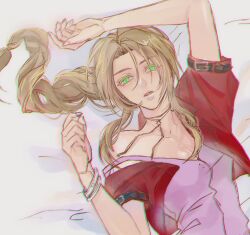 Rule 34 | 1girl, aerith gainsborough, arm behind head, bangle, bed sheet, bracelet, braid, braided ponytail, breasts, brown hair, cleavage, dress, eni (yoyogieni), final fantasy, final fantasy vii, final fantasy vii remake, green eyes, hair between eyes, highres, jacket, jacket partially removed, jewelry, long hair, looking at viewer, lying, medium breasts, on back, parted bangs, parted lips, pink dress, red jacket, short sleeves, sidelocks, single bare shoulder, solo, upper body