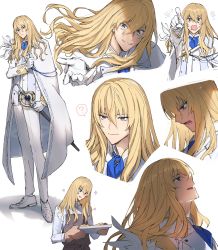 Rule 34 | 1boy, ?, bishounen, blonde hair, cape, expressions, fate/grand order, fate (series), formal, gloves, highres, kirschtaria wodime, long hair, male focus, oven mitts, pointing, sabamori, scabbard, sheath, sheathed, spoken question mark, suit, sword, weapon, white background, white gloves, white suit