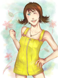 Rule 34 | 1990s (style), 1girl, :d, breasts, brown hair, cowboy shot, final fantasy, final fantasy viii, flipped hair, green eyes, jewelry, necklace, open mouth, selphie tilmitt, short hair, skirt, smile, solo, yellow skirt